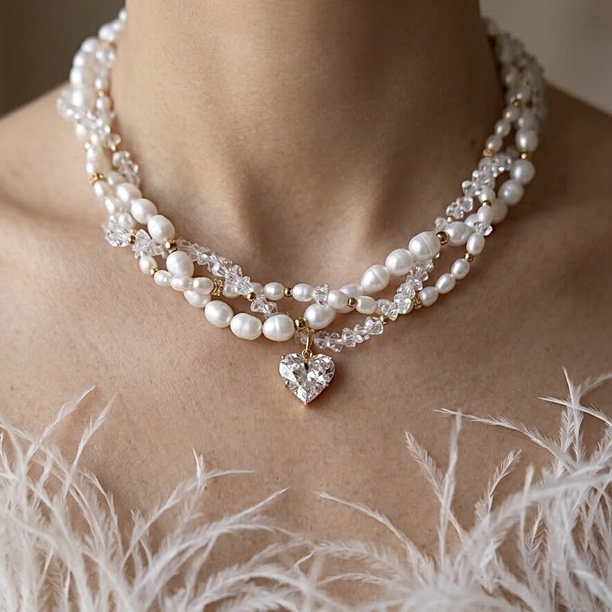 Náhrdelník „Pure love of pearls“ vyrobený z říčních perel a čirých broušených kamenů s přívěskem ve tvaru srdce