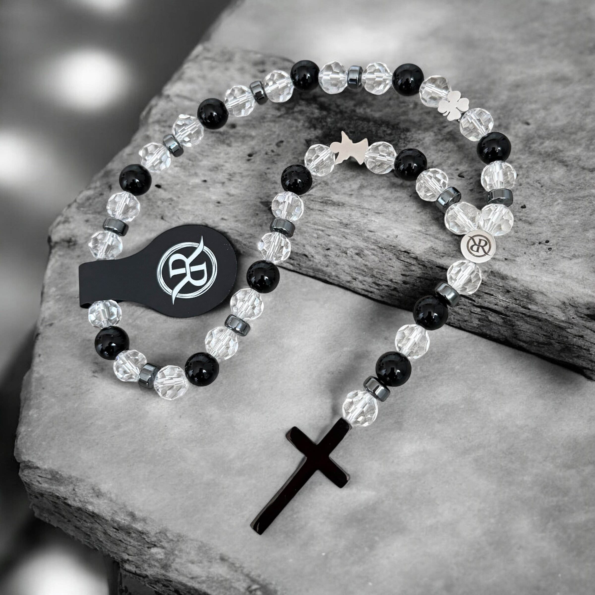 Růženec do auta MAJESTIC s andělem a čtyřlístkem